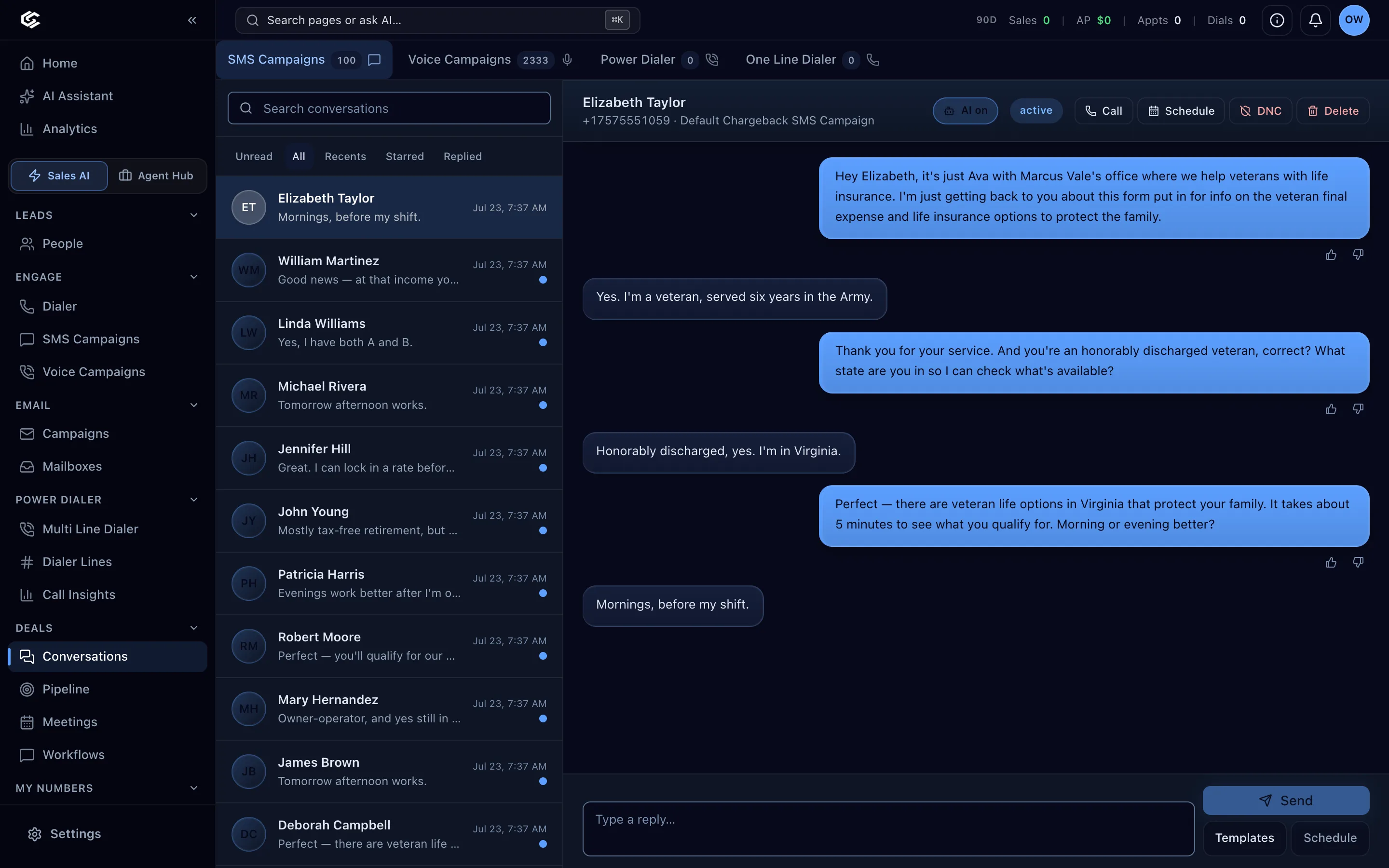 Closelio Conversations inbox: the AI texting a veteran life insurance lead, who replies with a time that works.